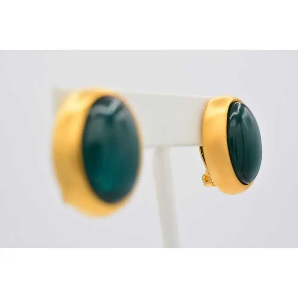 Givenchy Vintage Cabochon Clip On Earrings Teal Brushed Gold Chunky Signed BinAY - Picture 5 of 12